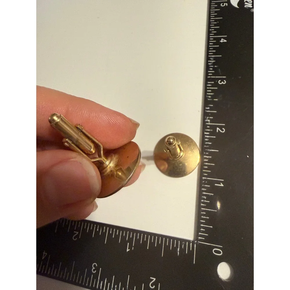 Vintage Gold Tone Florentine Textured Round Rhinestone Cufflinks Mid Century